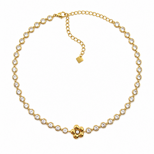 Colar Brilhantes com Flor Dourado ou Prateado