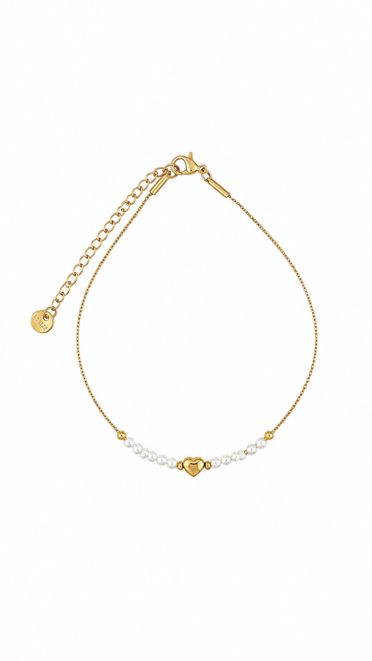 Pulseira de Pé Coração Pérola Dourado ou Prateado