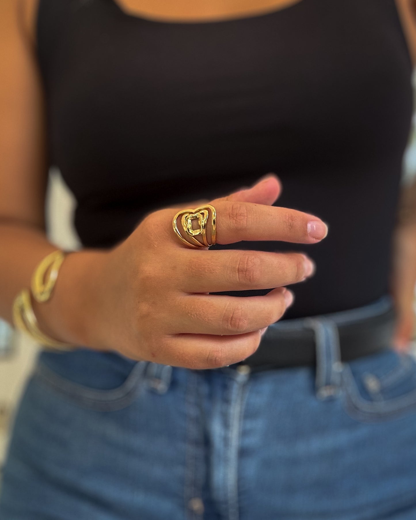 Anel Coração Ajustável | Dourado | Aço Inoxidável