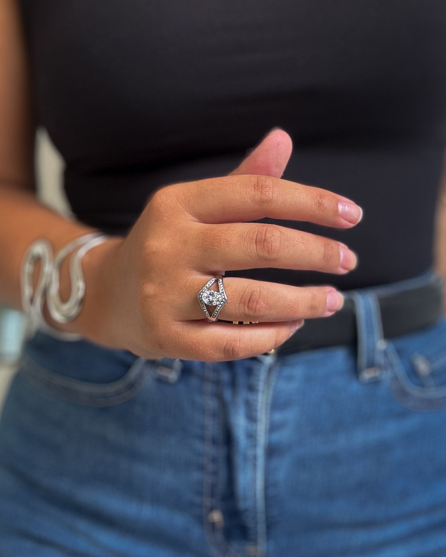 Anel Zirconias Ajustável | Prateado | Aço Inoxidável