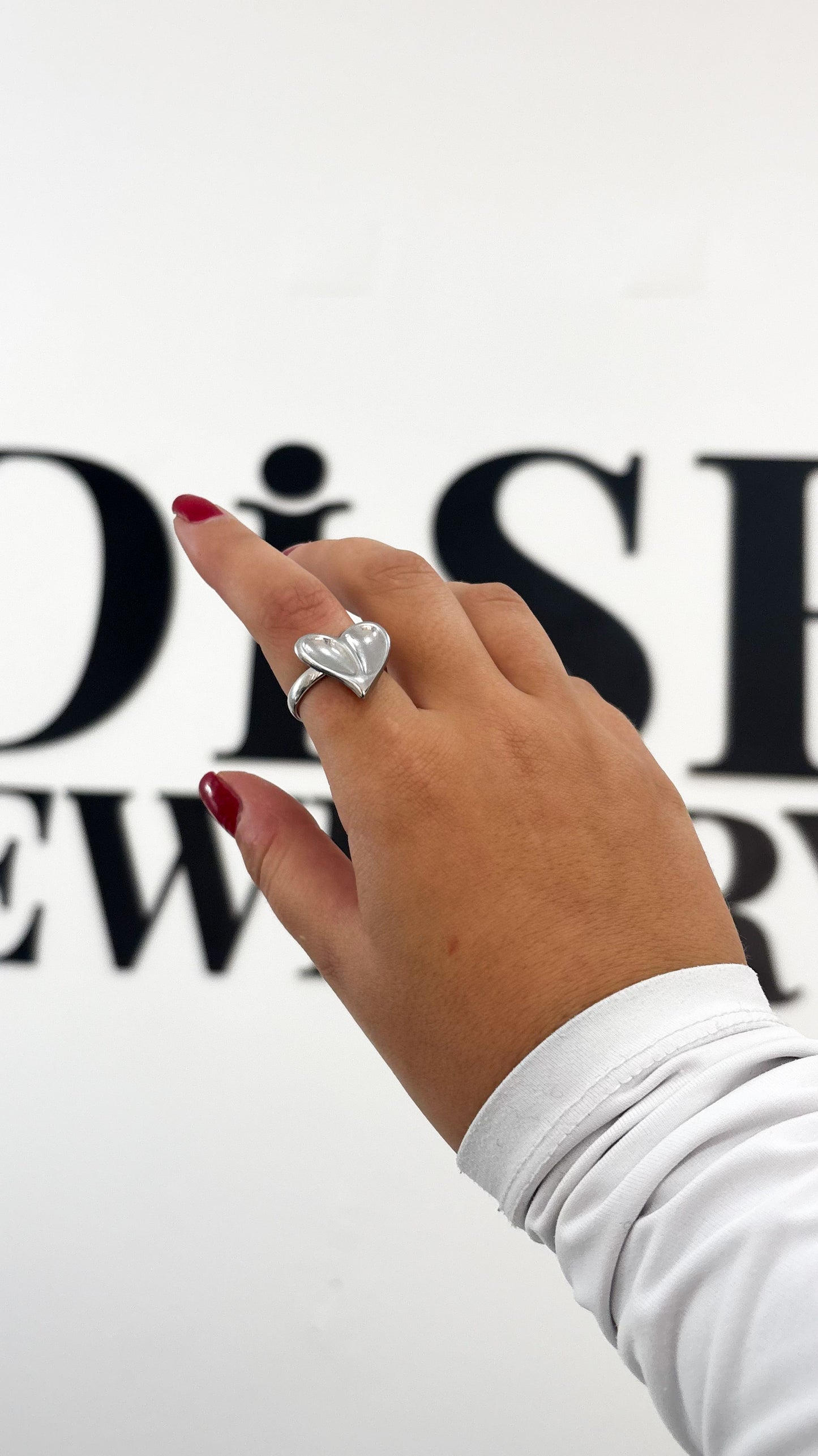 anel coração prateado ajustável aço inoxidável