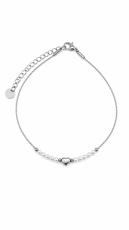 Pulseira de Pé Coração Pérola Dourado ou Prateado