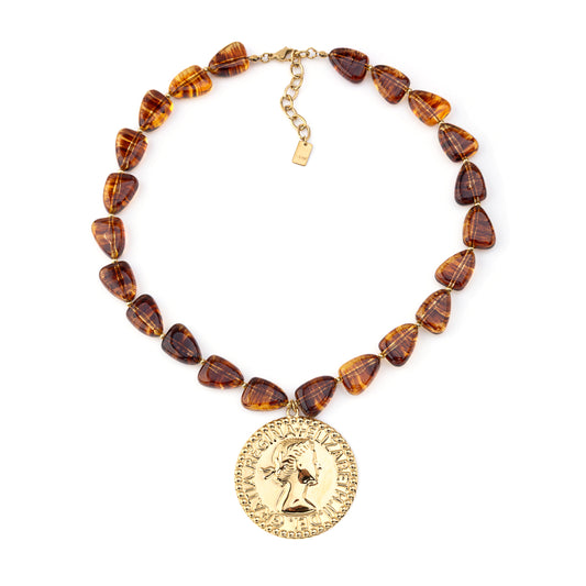 Colar Castanho com Medalha Dourado