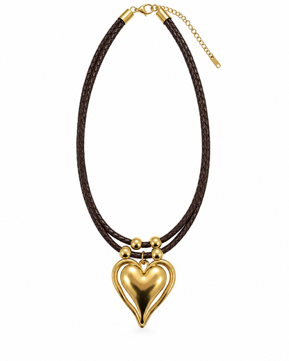 Colar Cordão Preto e Coração Dourado