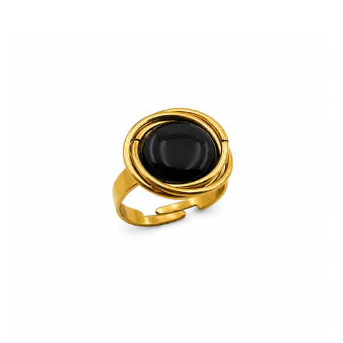 Anel Ajustável Pedra Preta Dourado