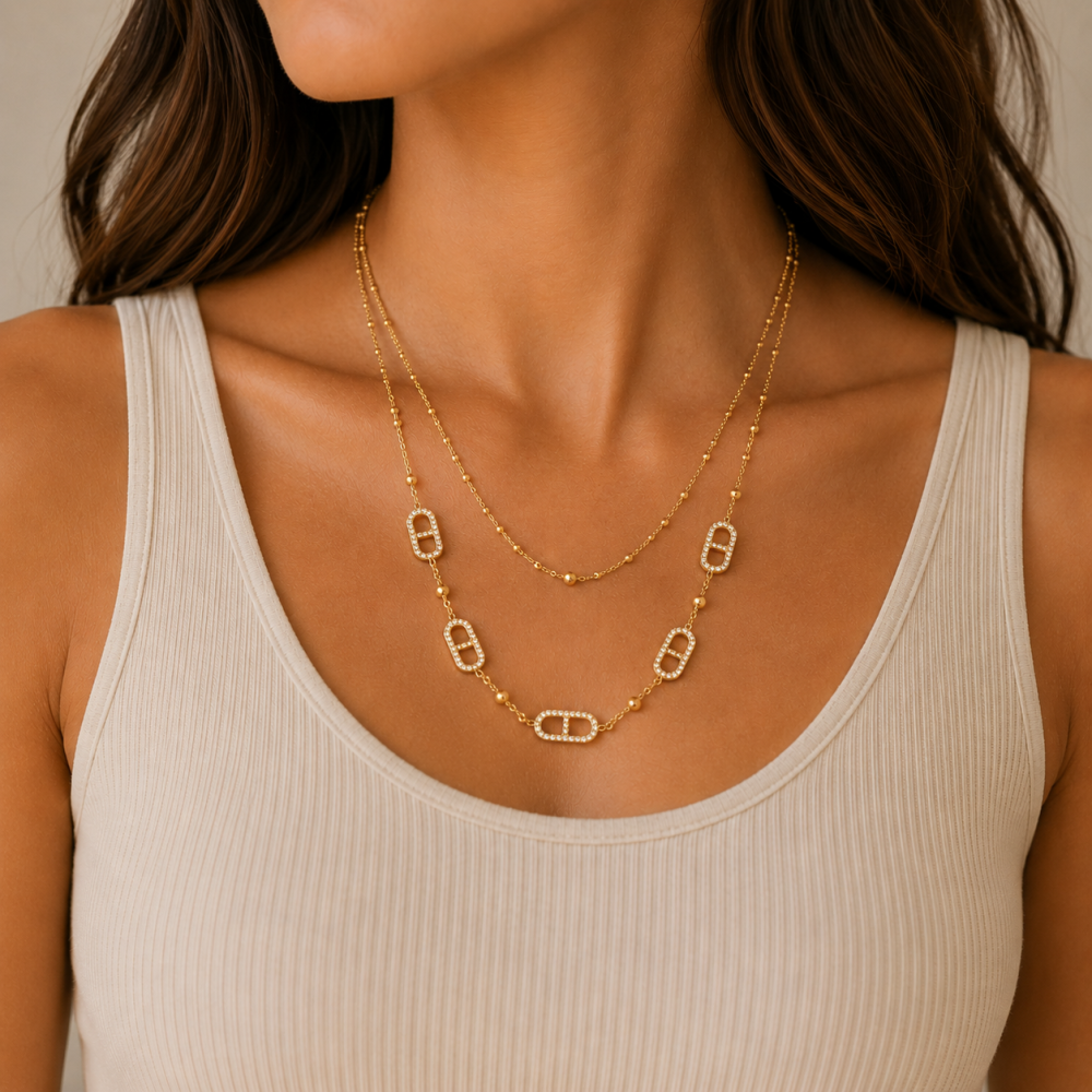 Colar Duplo Elos Brilhantes Dourado ou Prateado