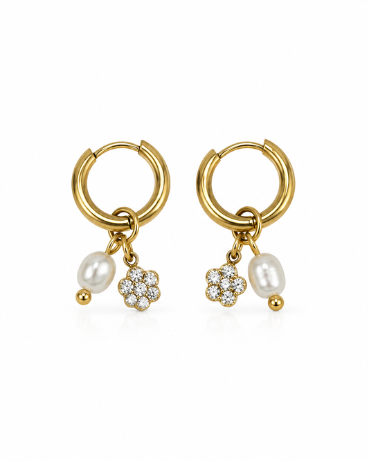 Brincos Argola com Pendente e Pérola Dourado