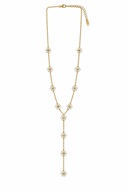 Colar Gravata Flores Pérola Dourado ou Prateado