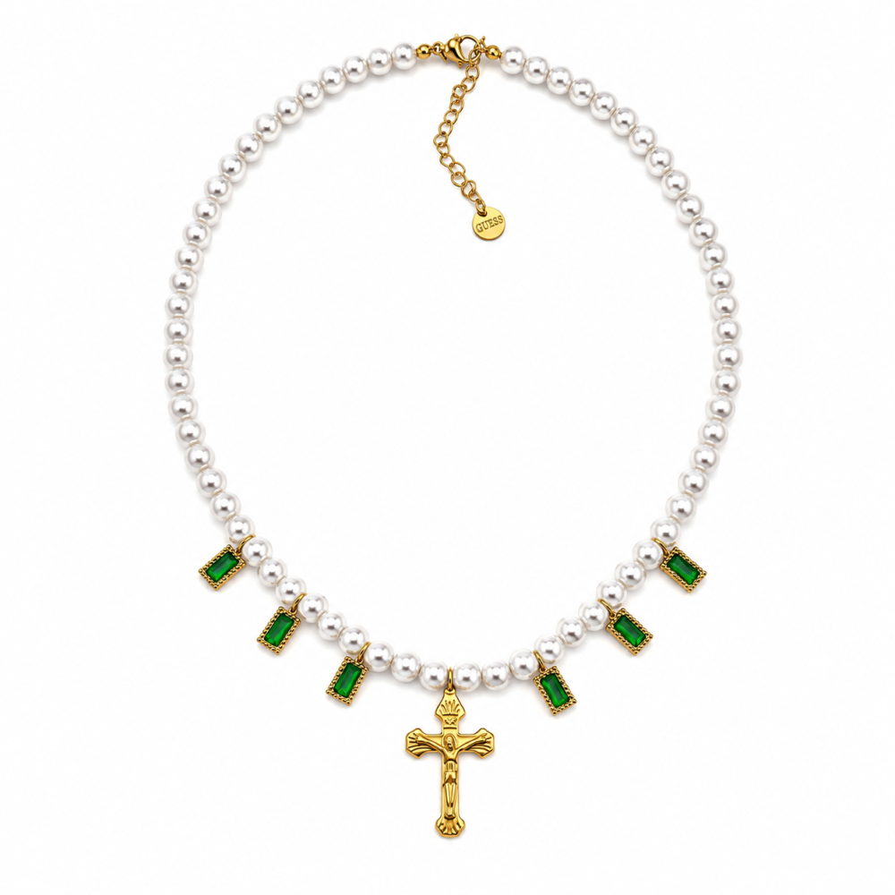 Colar Pérolas Brilhantes Verdes Cruz Dourado