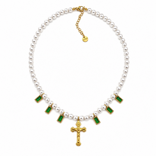 Colar Pérolas Brilhantes Verdes Cruz Dourado