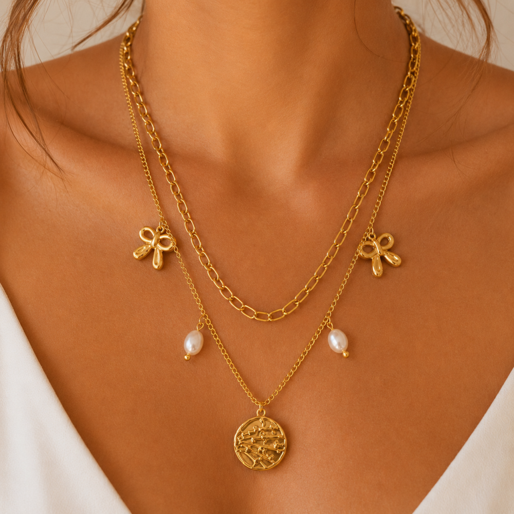 Colar Duplo Pendentes Dourado