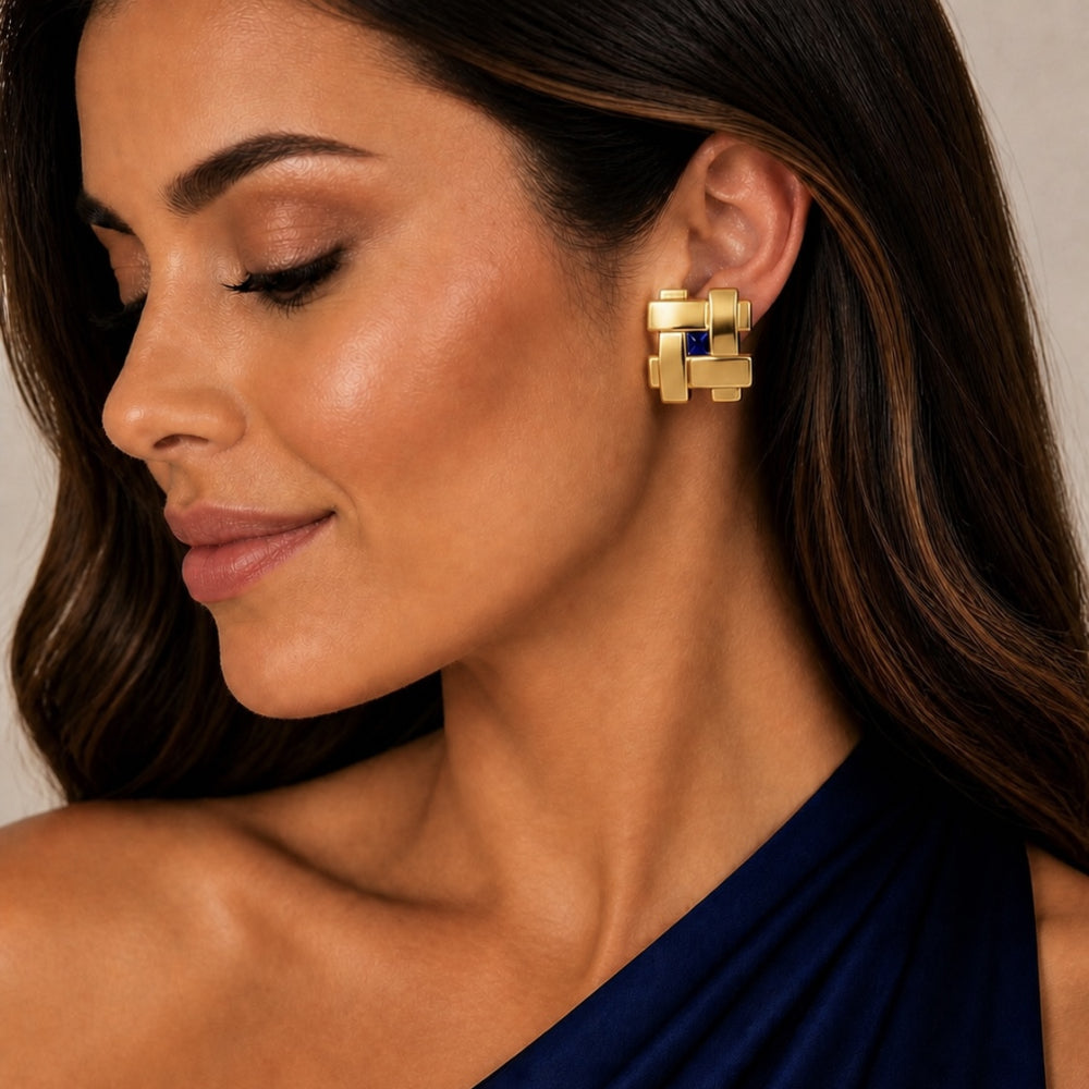 Brincos Quadrados Pedra Azul Dourado ou Prateado