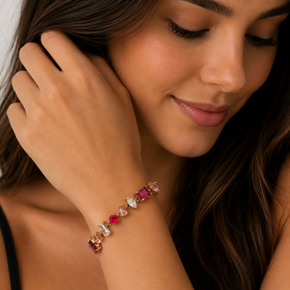Pulseira Brilhantes Colorida Dourado