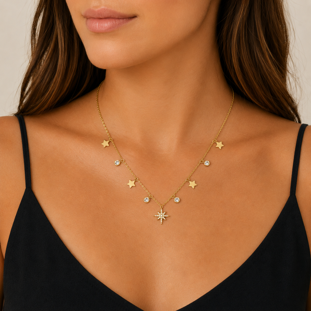 Colar Estrelas Brilhantes Dourado ou Prateado