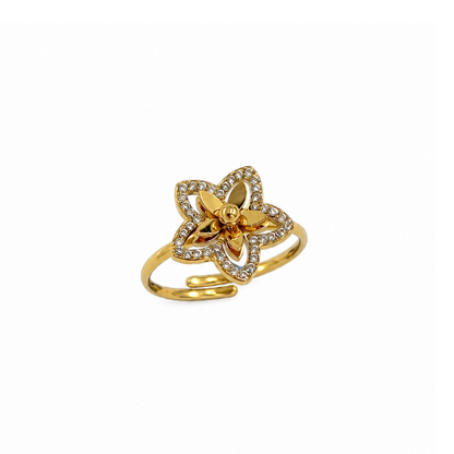 Anel Ajustável Flor Brilhantes Dourado ou Prateado